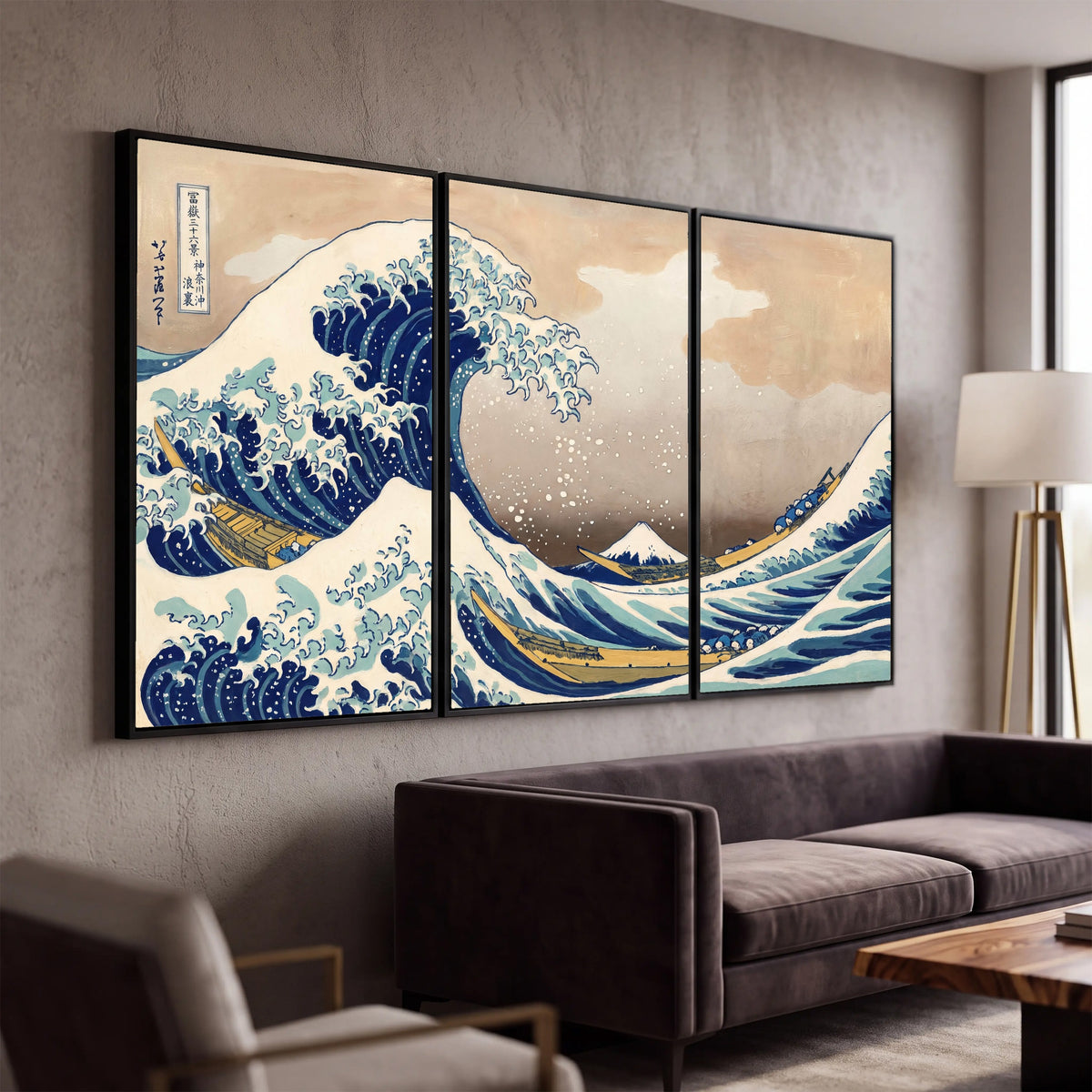 The Great Wave Japanese style painting 3 piece canvas wall art in a modern living room