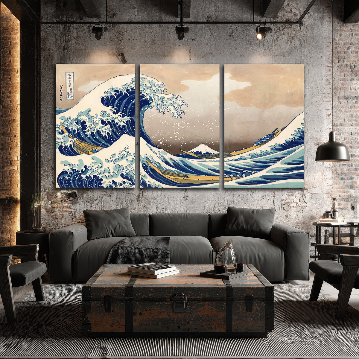 The Great Wave Japanese style painting 3 piece canvas wall art in an industrial loft