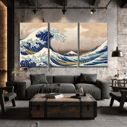 The Great Wave Japanese style painting 3 piece canvas wall art in an industrial loft