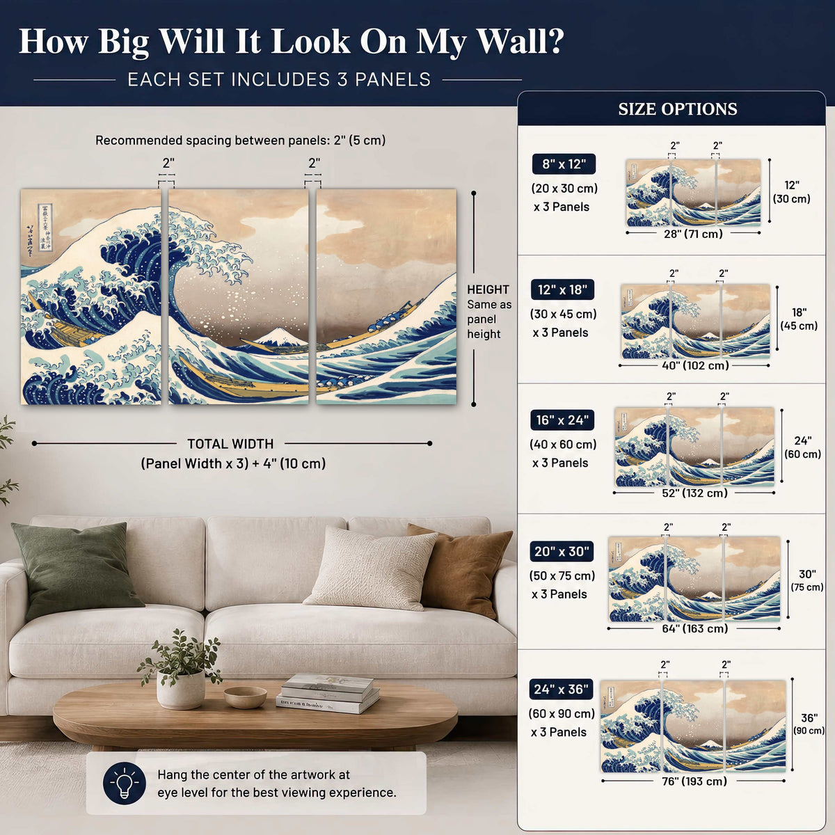 The Great Wave Japanese style painting 3 piece canvas wall art size guide above a sofa