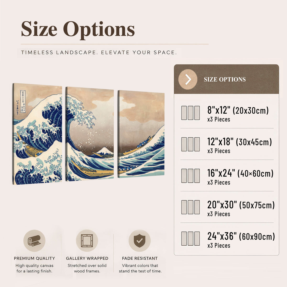 The Great Wave Japanese style painting 3 piece canvas wall art size options