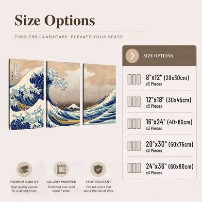 The Great Wave Japanese style painting 3 piece canvas wall art size options