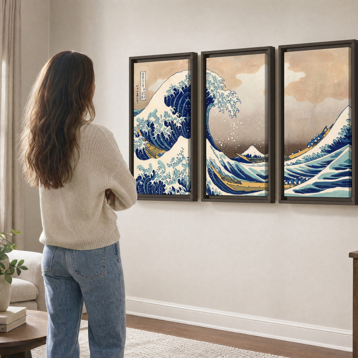 The Great Wave Japanese style painting 3 piece framed canvas in a living room