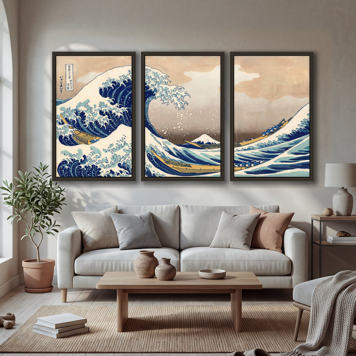 The Great Wave Japanese style painting 3 piece framed canvas in a bright living room