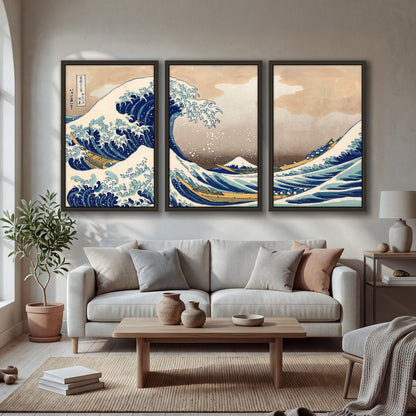 The Great Wave Japanese style painting 3 piece framed canvas in a bright living room