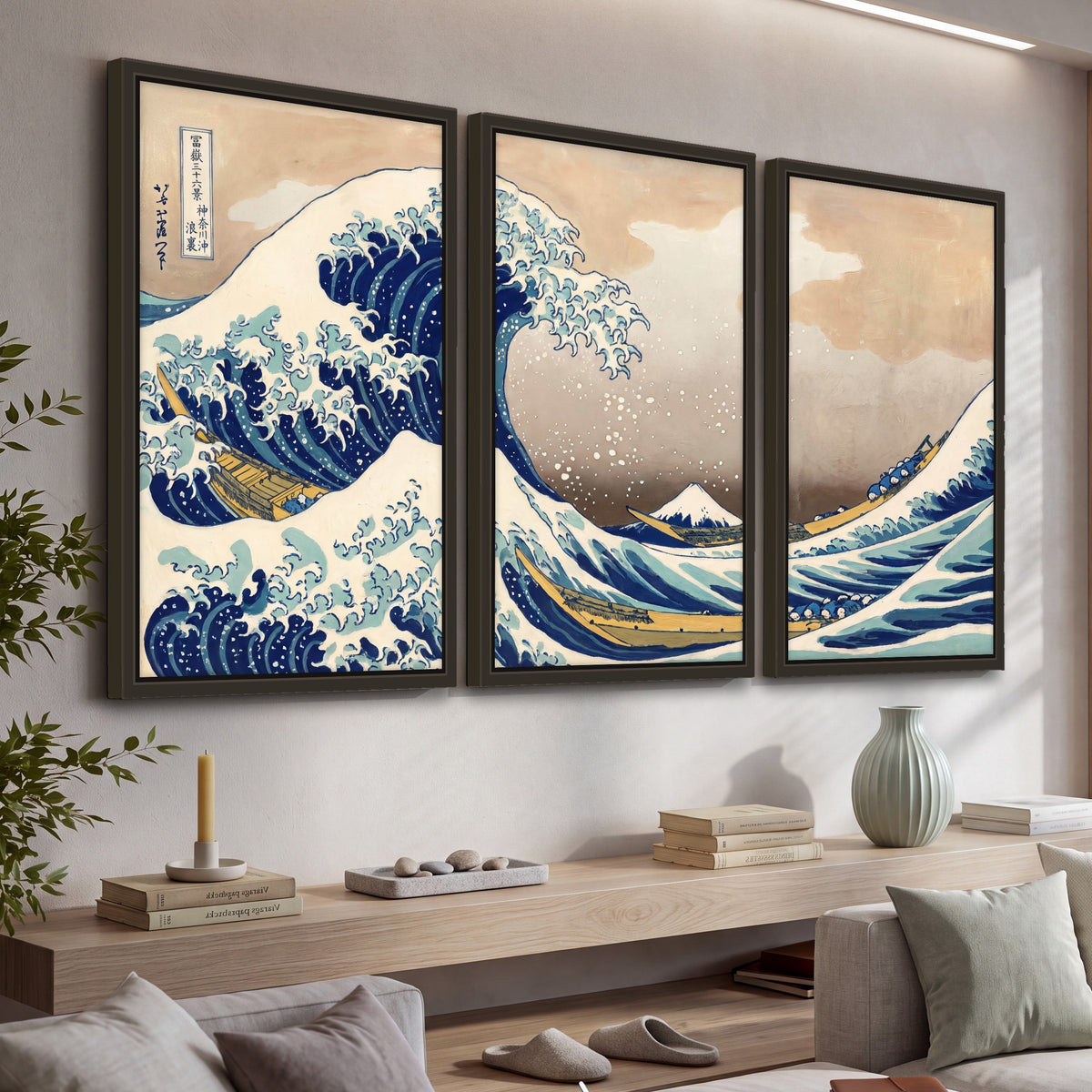 The Great Wave Japanese style painting 3 piece framed canvas in a living room above a console