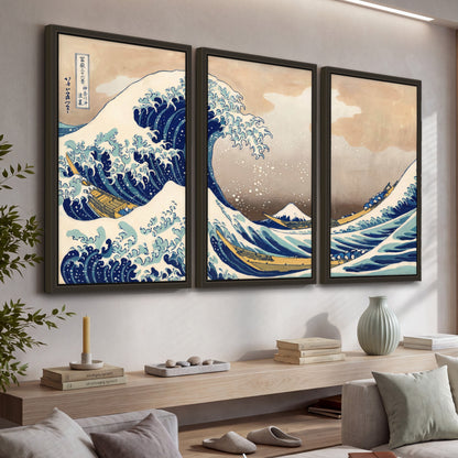 The Great Wave Japanese style painting 3 piece framed canvas in a living room above a console