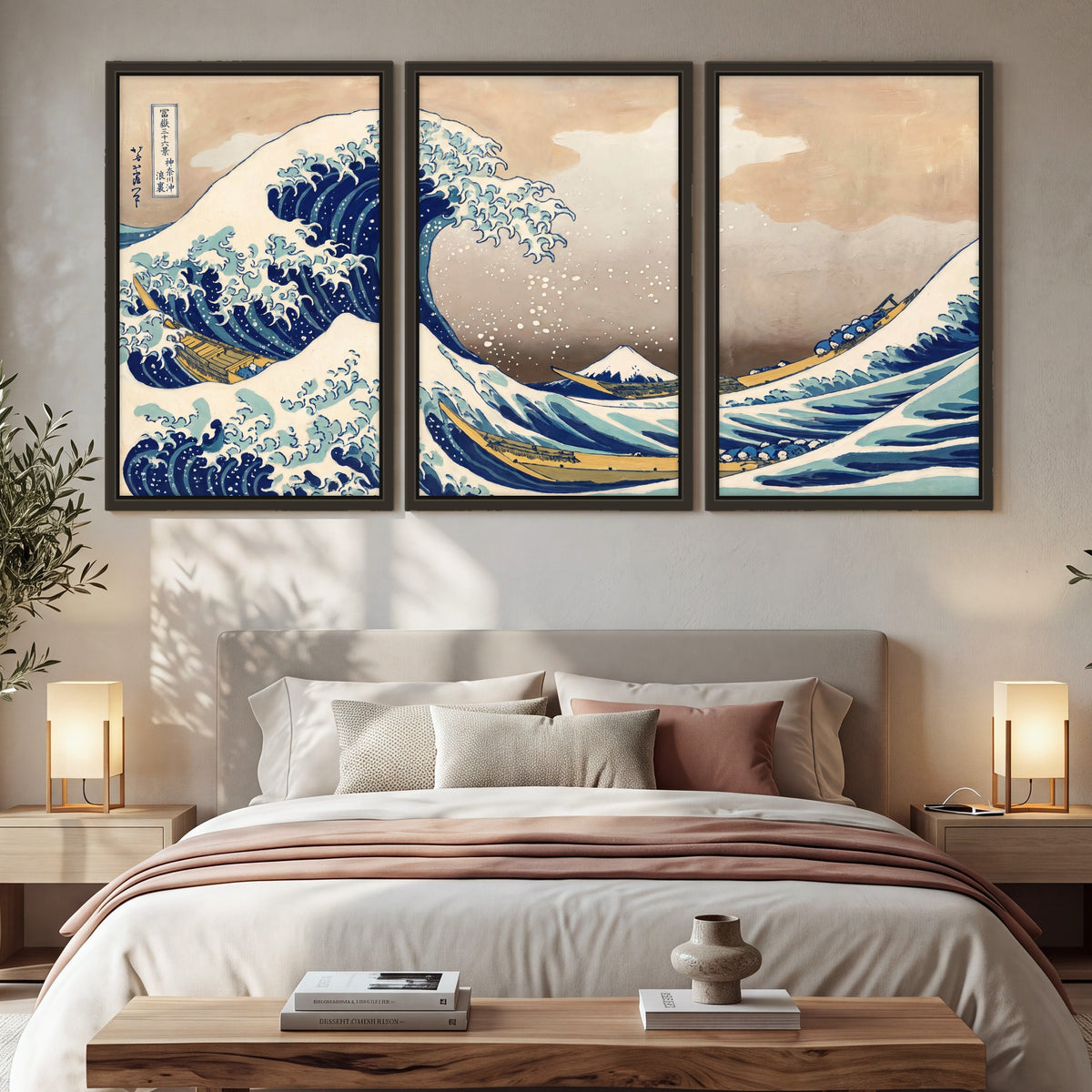 The Great Wave Japanese style painting 3 piece framed canvas in a bedroom above the bed