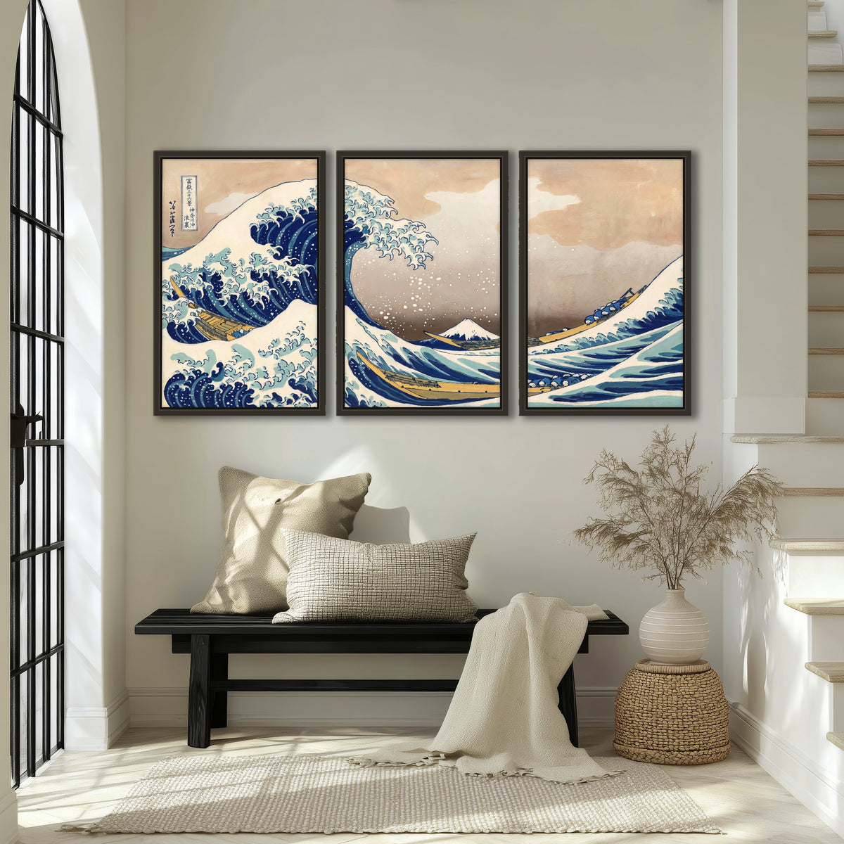 The Great Wave Japanese style painting 3 piece framed canvas in an entryway above a bench