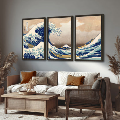 The Great Wave Japanese style painting 3 piece framed canvas in a rustic living room