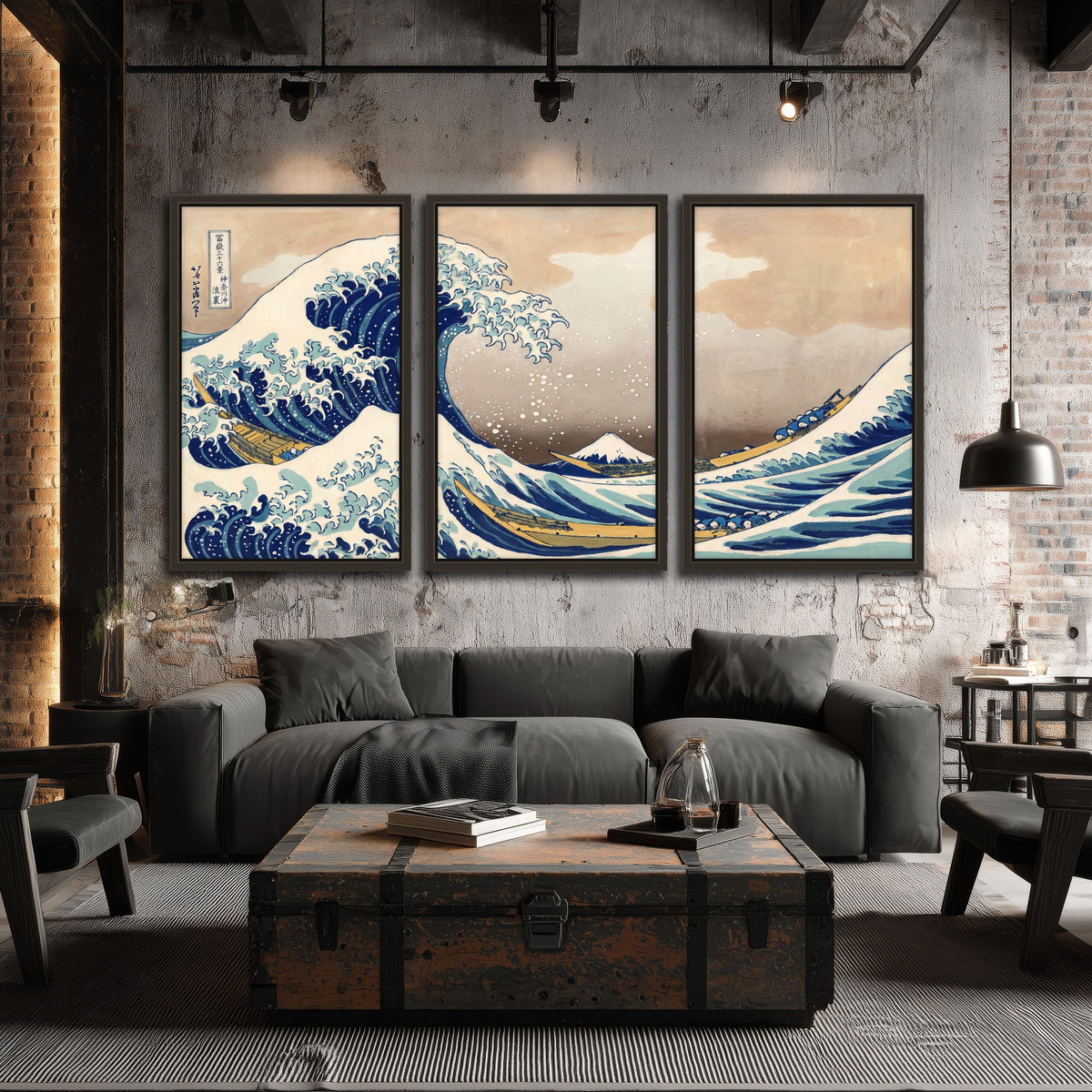 The Great Wave Japanese style painting 3 piece framed canvas in an industrial loft