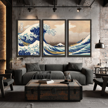 The Great Wave Japanese style painting 3 piece framed canvas in an industrial loft