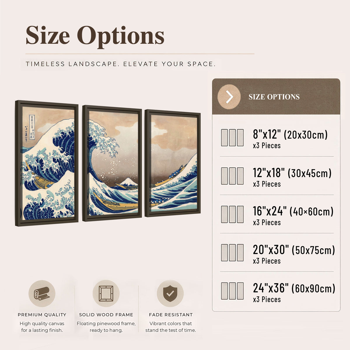 The Great Wave Japanese style painting 3 piece framed canvas size options