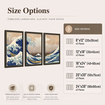The Great Wave Japanese style painting 3 piece framed canvas size options