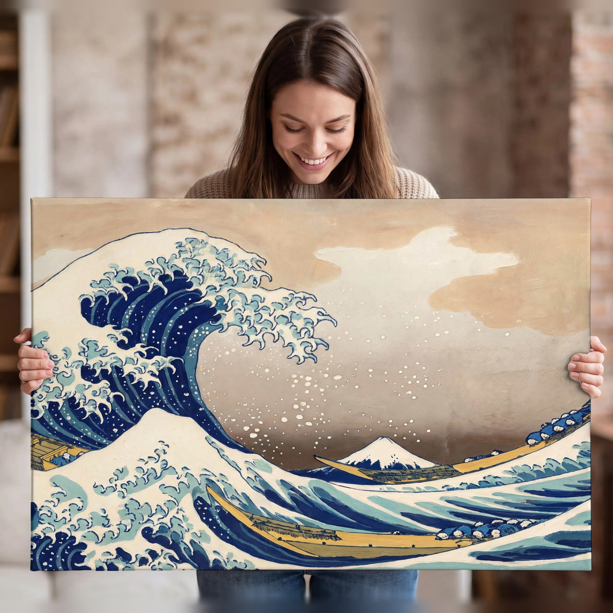 The Great Wave Japanese style painting canvas wall art held in hands