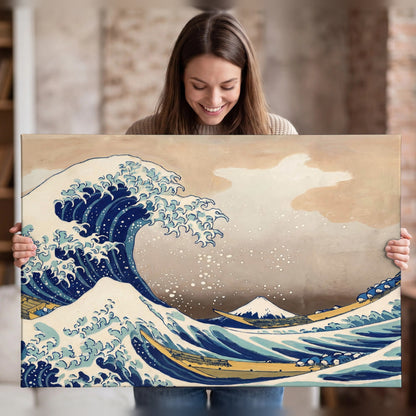 The Great Wave Japanese style painting canvas wall art held in hands
