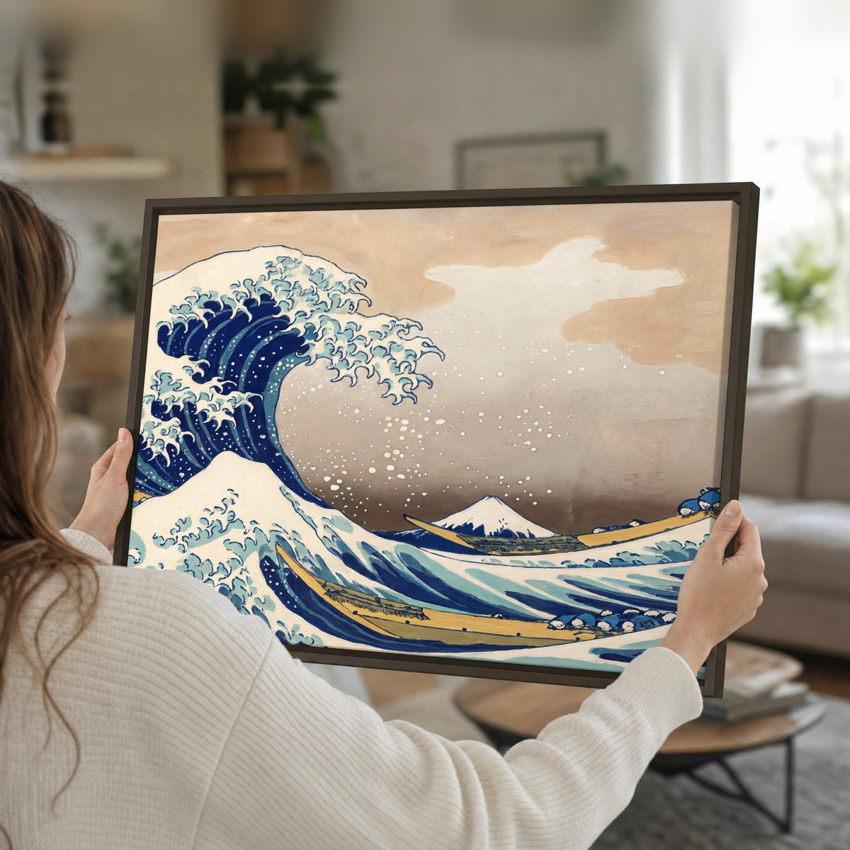 The Great Wave Japanese style painting framed canvas held in hands