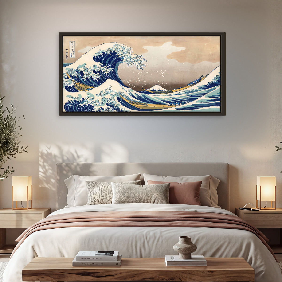 The Great Wave Japanese style painting framed canvas wall art in a bedroom above the bed