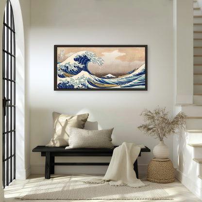 The Great Wave Japanese style painting framed canvas wall art in an entryway above a bench