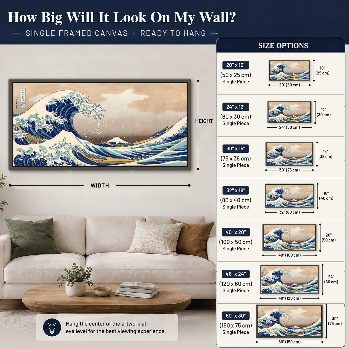 The Great Wave Japanese style painting framed canvas wall art size guide above a sofa