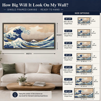 The Great Wave Japanese style painting framed canvas wall art size guide above a sofa