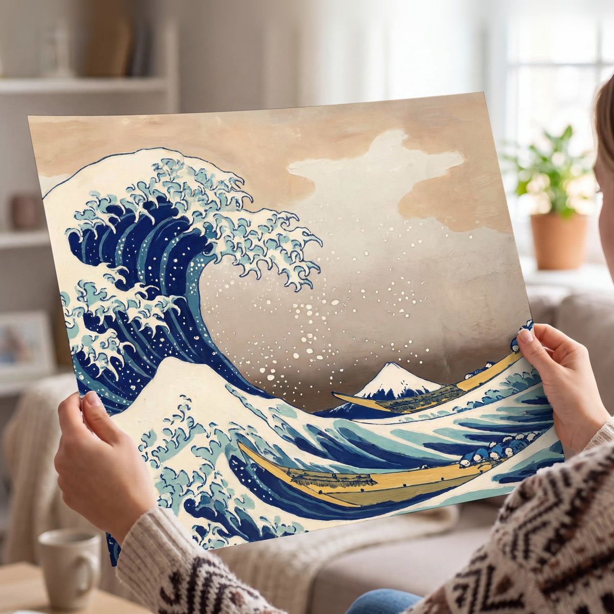 The Great Wave Japanese style painting poster print held in hands