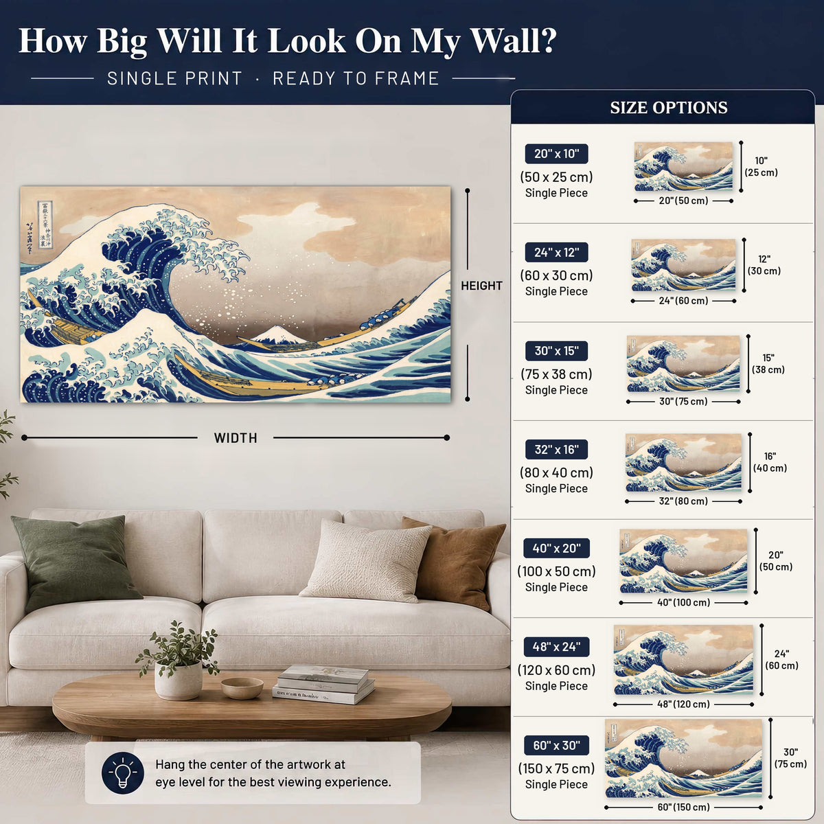 The Great Wave Japanese style painting poster print size guide above a sofa