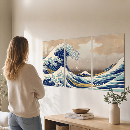 The Great Wave Japanese style painting set of 3 poster prints in a living room