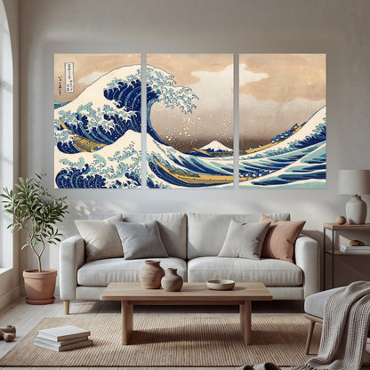 The Great Wave Japanese style painting set of 3 poster prints in a bright living room