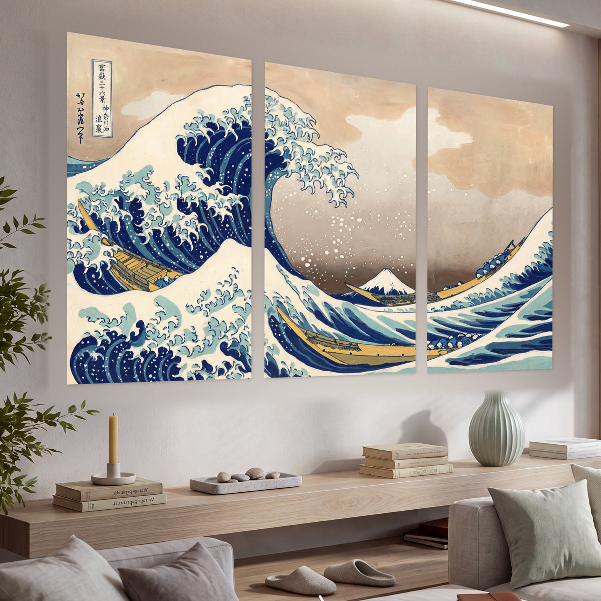 The Great Wave Japanese style painting set of 3 poster prints in a living room above a console