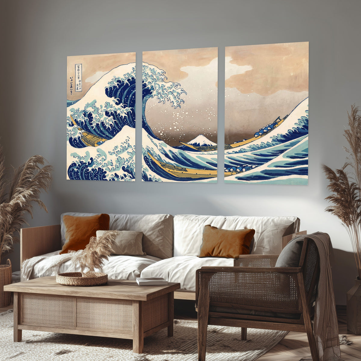 The Great Wave Japanese style painting set of 3 poster prints in a rustic living room