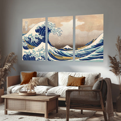 The Great Wave Japanese style painting set of 3 poster prints in a rustic living room
