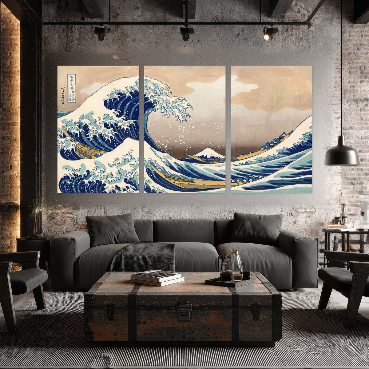 The Great Wave Japanese style painting set of 3 poster prints in an industrial loft