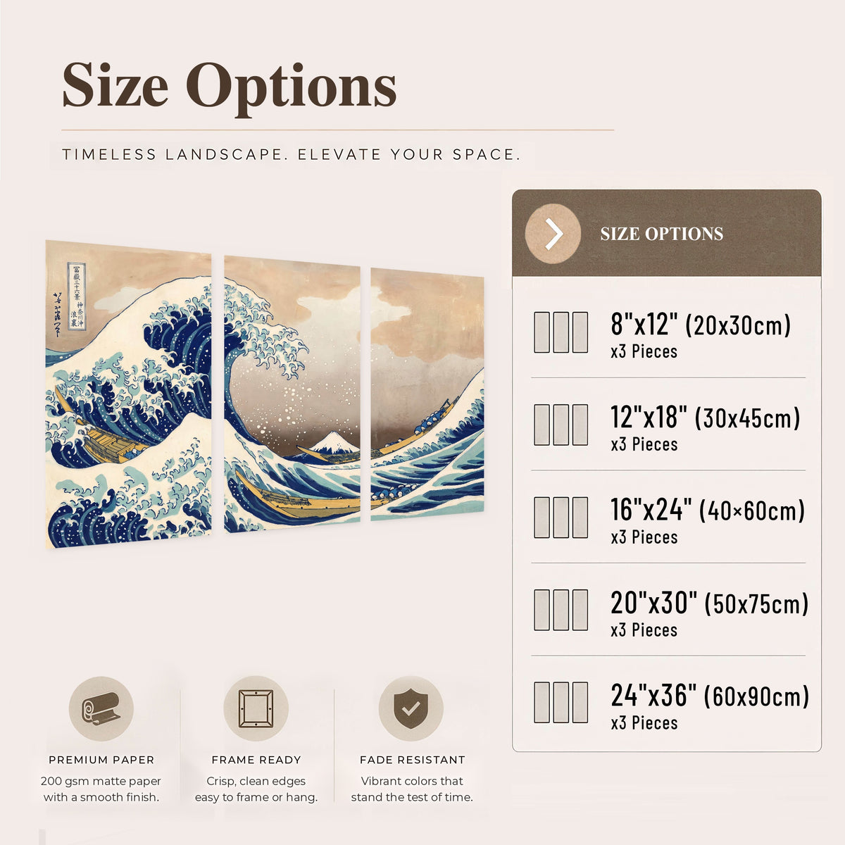 The Great Wave Japanese style painting set of 3 poster prints size options