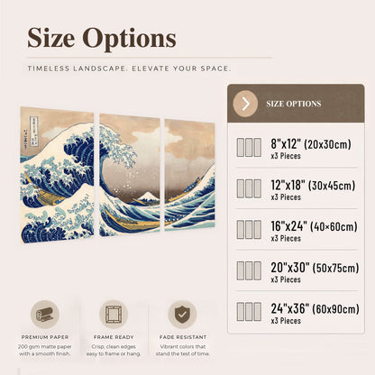 The Great Wave Japanese style painting set of 3 poster prints size options