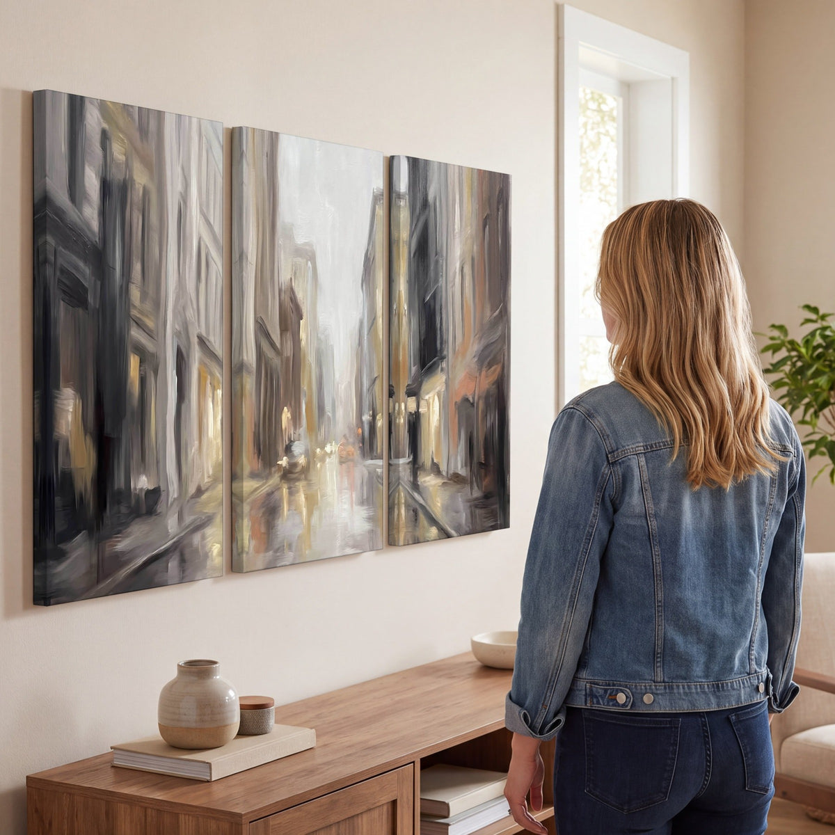 Rainy city street painting 3 piece canvas wall art in a living room