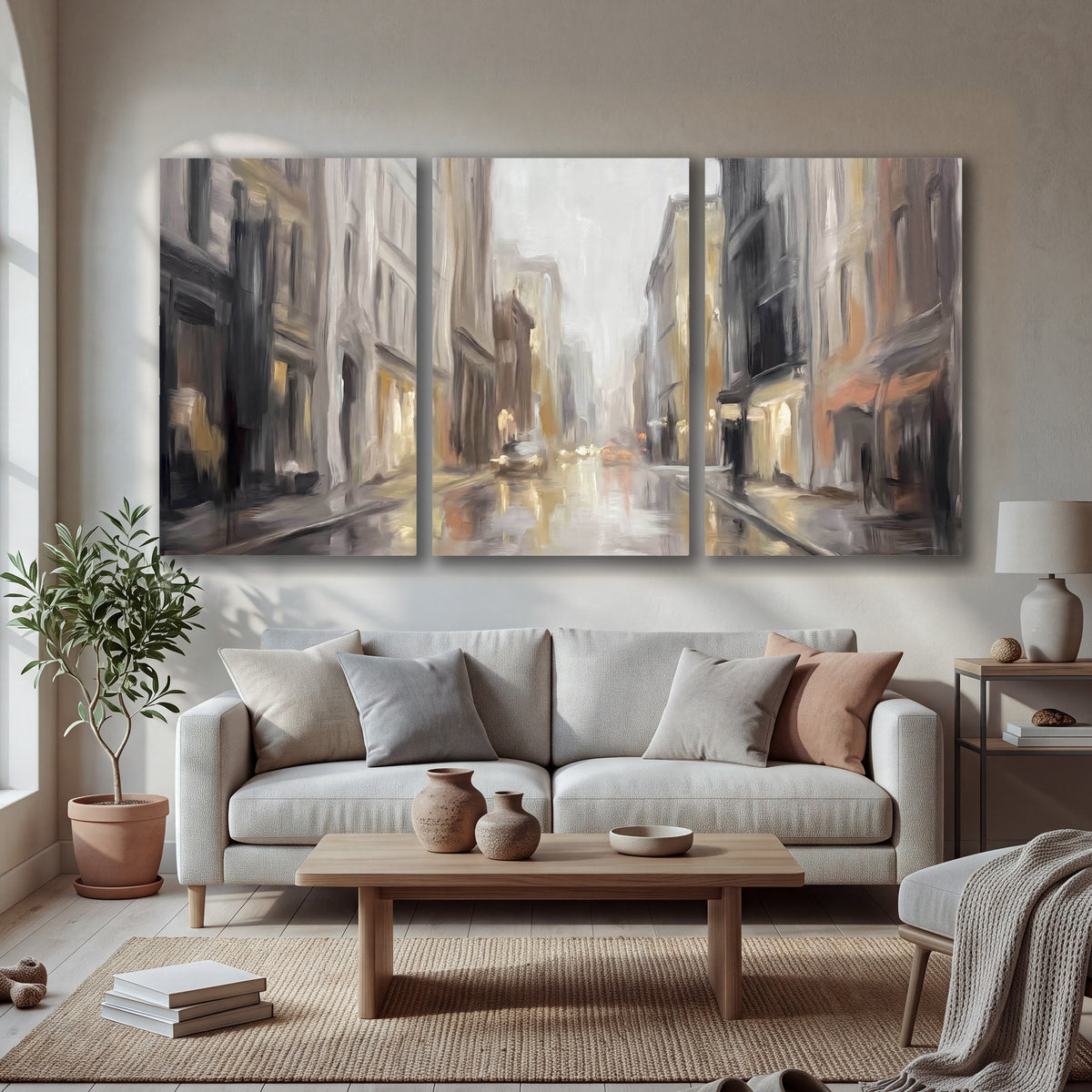 Rainy city street painting 3 piece canvas wall art in a bright living room