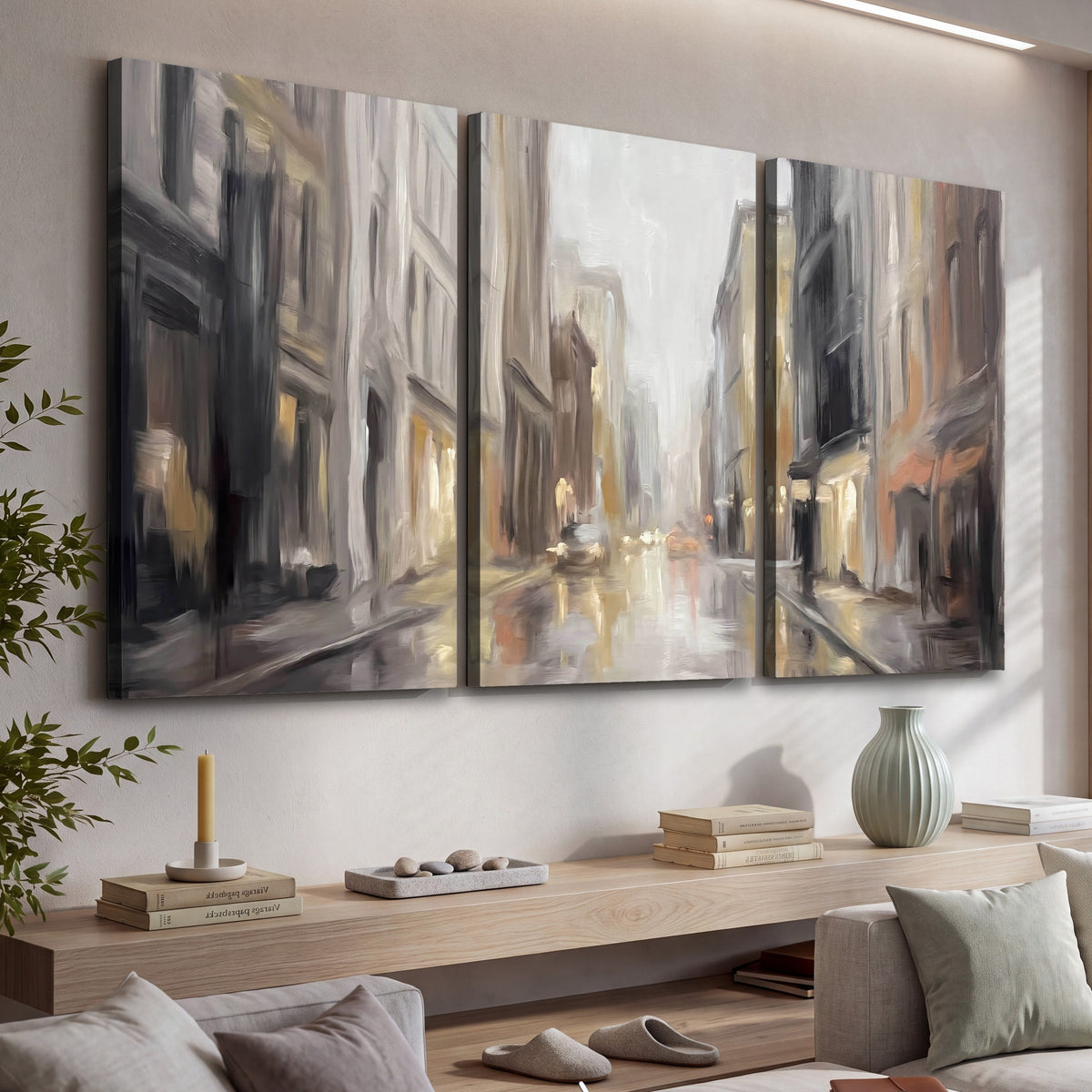 Rainy city street painting 3 piece canvas wall art in a living room above a console