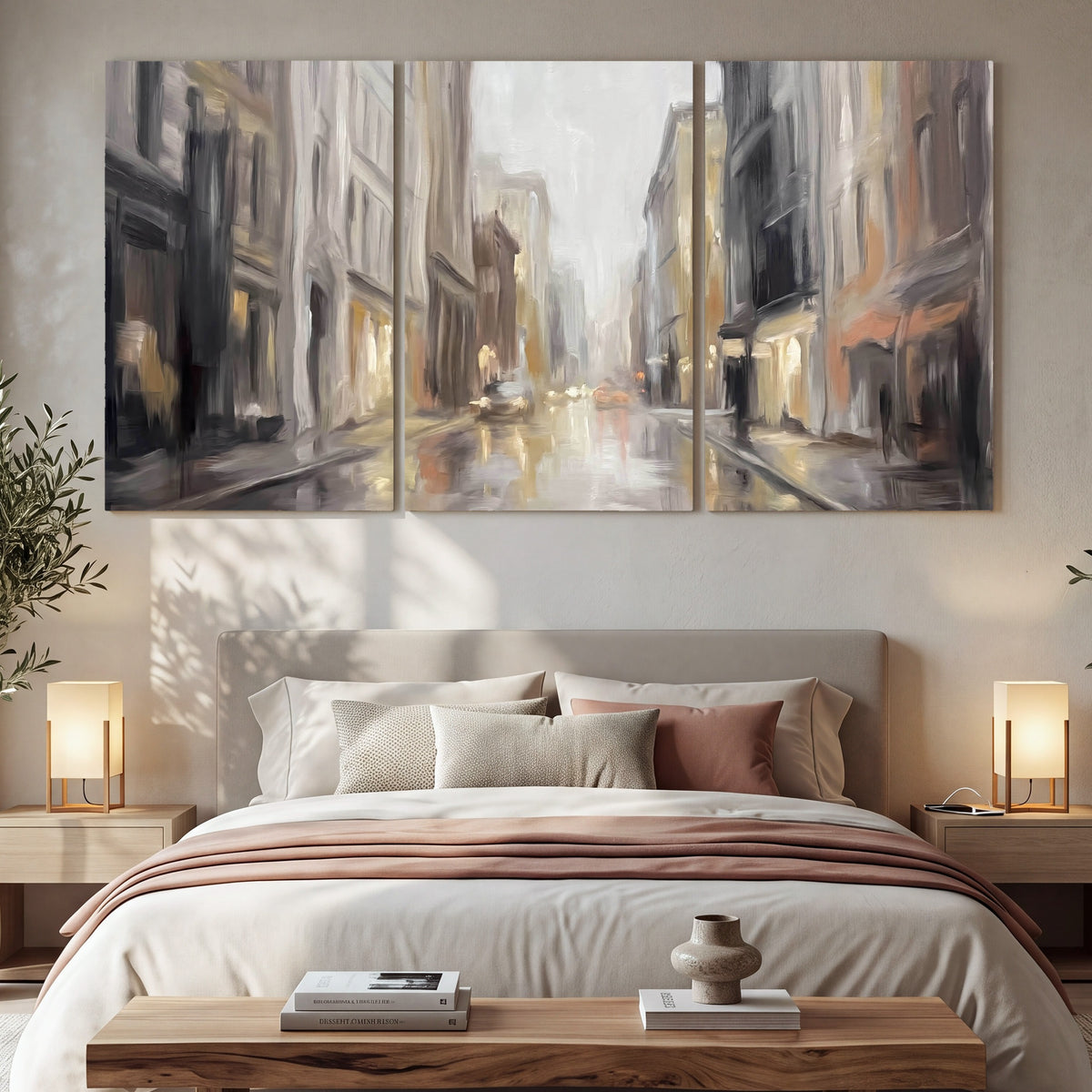 Rainy city street painting 3 piece canvas wall art in a bedroom above the bed