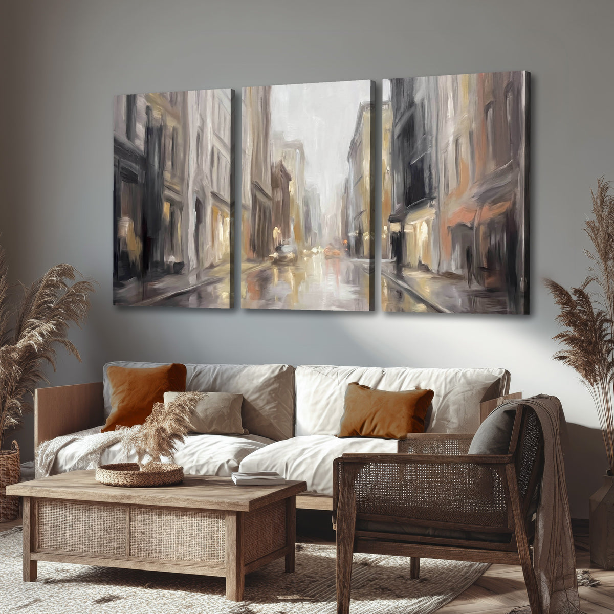 Rainy city street painting 3 piece canvas wall art in a rustic living room