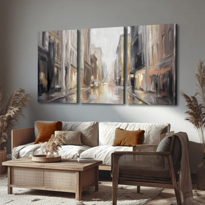 Rainy city street painting 3 piece canvas wall art in a rustic living room