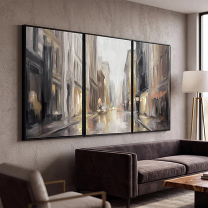 Rainy city street painting 3 piece canvas wall art in a modern living room