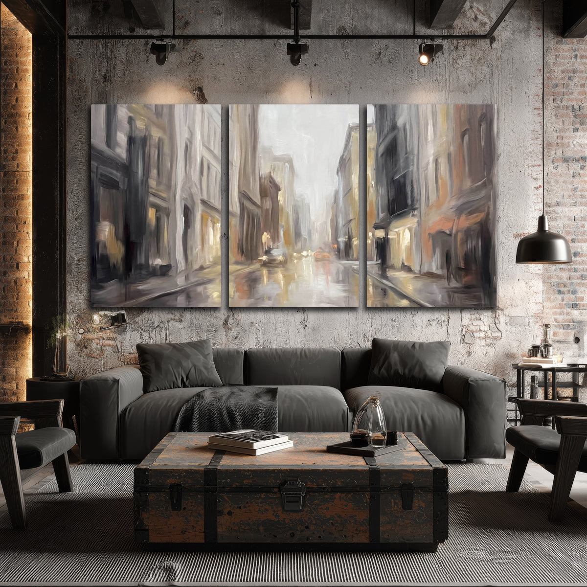 Rainy city street painting 3 piece canvas wall art in an industrial loft