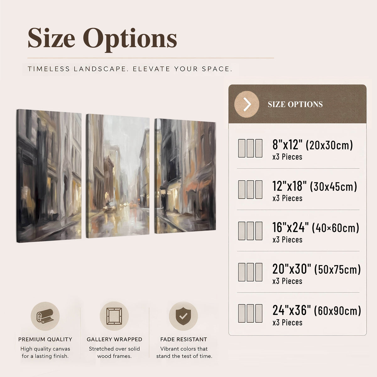 Rainy city street painting 3 piece canvas wall art size options