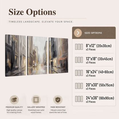 Rainy city street painting 3 piece canvas wall art size options
