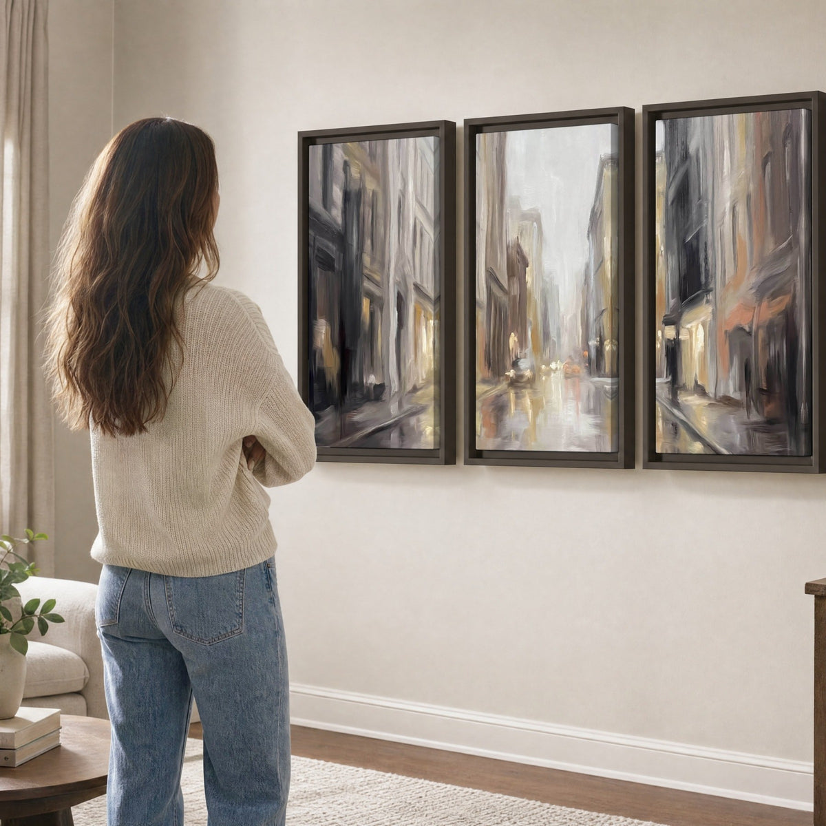 Rainy city street painting 3 piece framed canvas in a living room