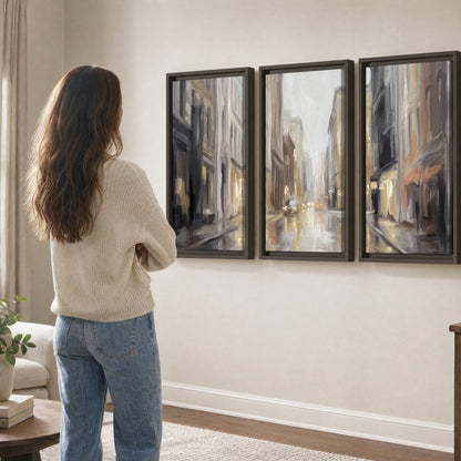 Rainy city street painting 3 piece framed canvas in a living room