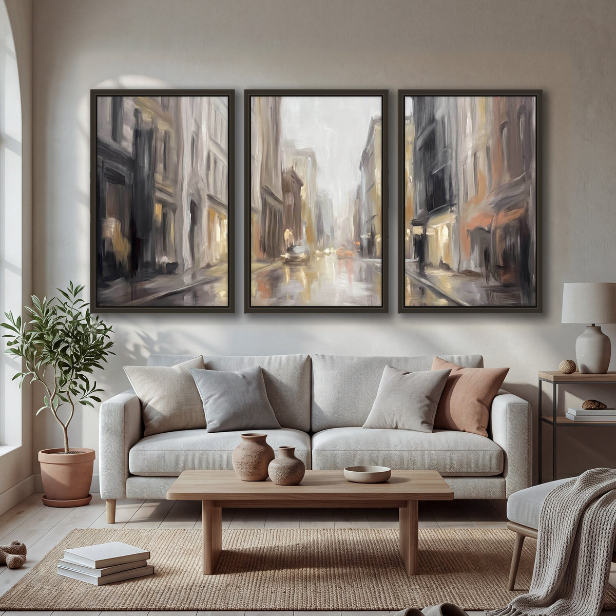 Rainy city street painting 3 piece framed canvas in a bright living room