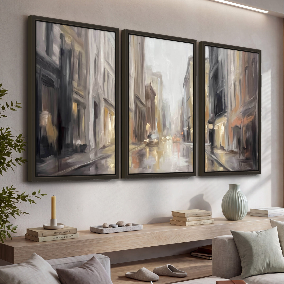 Rainy city street painting 3 piece framed canvas in a living room above a console