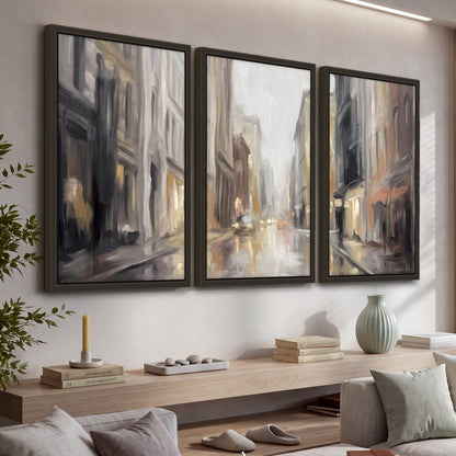 Rainy city street painting 3 piece framed canvas in a living room above a console